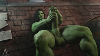 Marvels She-Hulk Strokes her Huge Cock with Both Hands & Cums a Lot