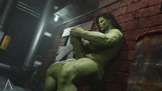 Marvels She-Hulk Strokes her Huge Cock with Both Hands & Cums a Lot