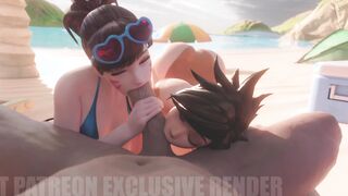 3D Tracer & Dva Double Blowjob Facial at The Beach