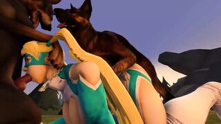 Rainbow Mika getting spitroasted by 2 dogs