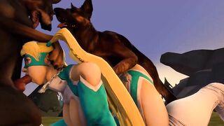 Rainbow Mika getting spitroasted by 2 dogs