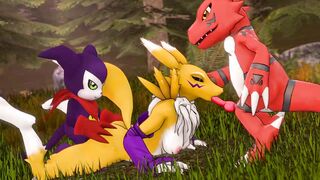 Renamon getting spitroasted by Guilmon and Impmon
