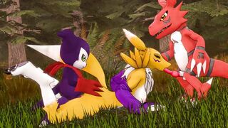Renamon getting spitroasted by Guilmon and Impmon