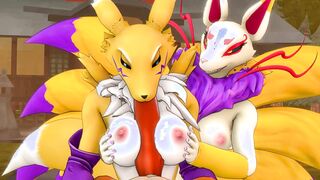 Kyubi helps Renamon to give a titjob while sucking a cock