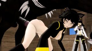 RWBY - Kali takes a Grimm's horse cock while her daughter watches
