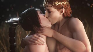 Animated 3D Lesbians French Kissing Passionately