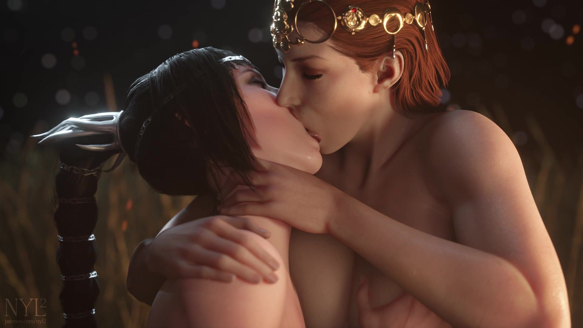 Animated 3D Lesbians French Kissing Passionately