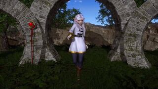 Friren, beautiful and young elf dances elegantly on ancient ruins