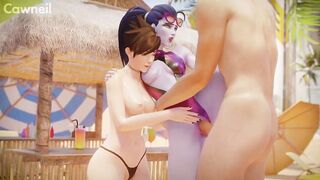 Widow & Tracer Sharing Cum with their Mouths